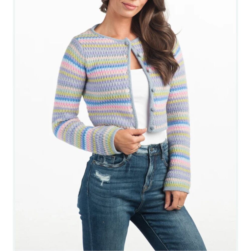 Lelis Womens Striped Long Sleeve Cropped Cardigan Sweater Multicolor Small NWT
